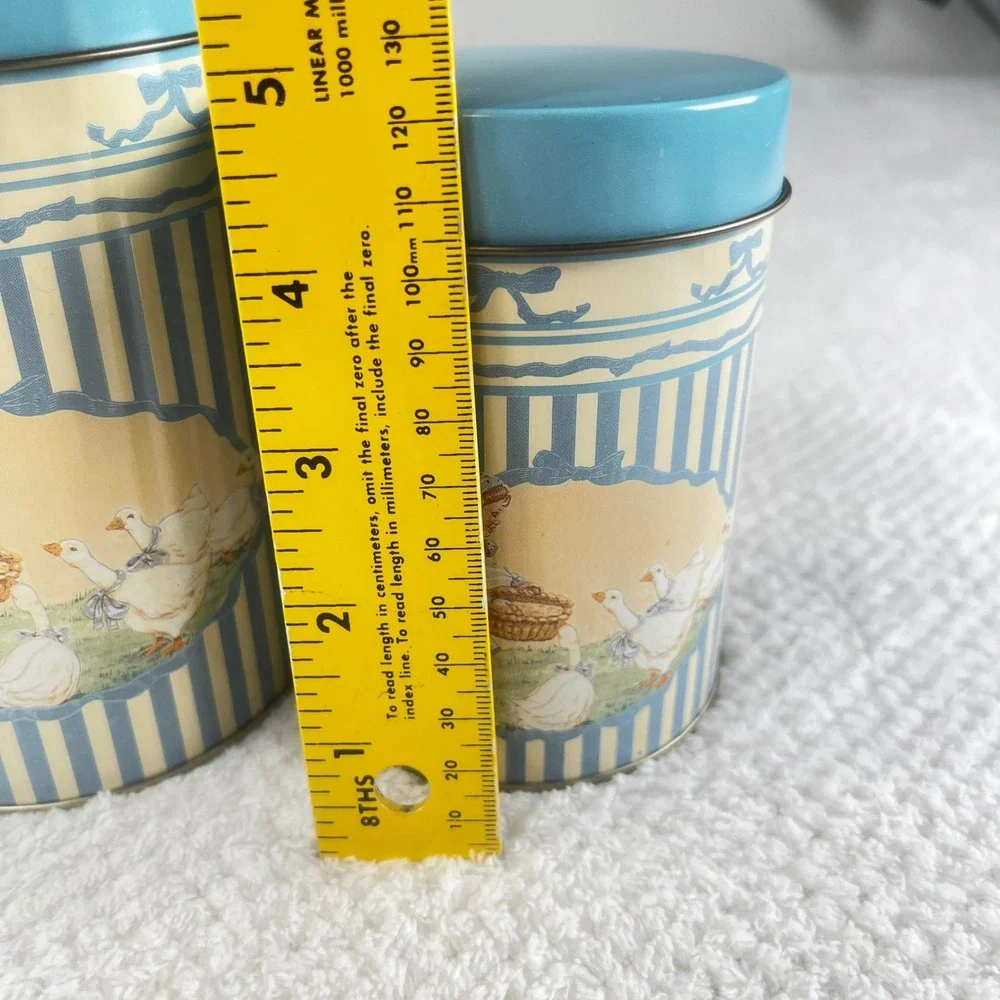 Vintage Country Girl and Geese Nesting Kitchen Canister Tin Set of 3 Blue Cream